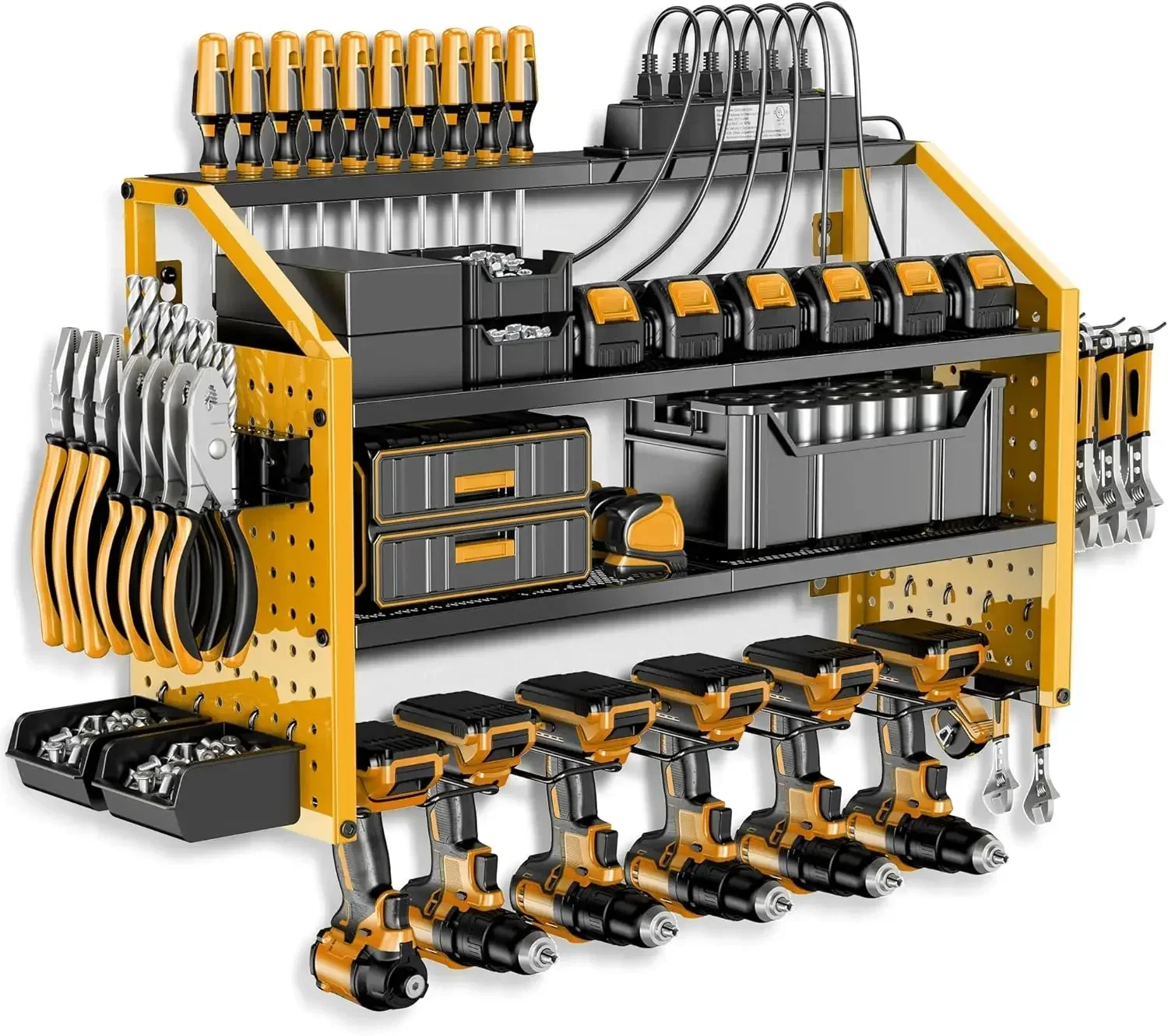 

Полка для хранения сверл Home.Garage 6, 8 крючков, 2 винтовых короба, удлинитель с 6 розетками, простой в установке стеллаж для хранения электроинструментов.