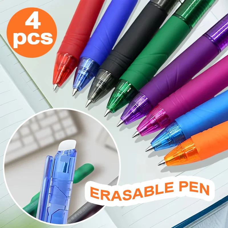 4 Erasable Ballpoint Pens, Multi-Color Refills, Suitable for Recording Classroom Notes, Student Notebook Document Marking, Writing, Gel Pens, School Stationery Supplies, Small Gifts for Students
