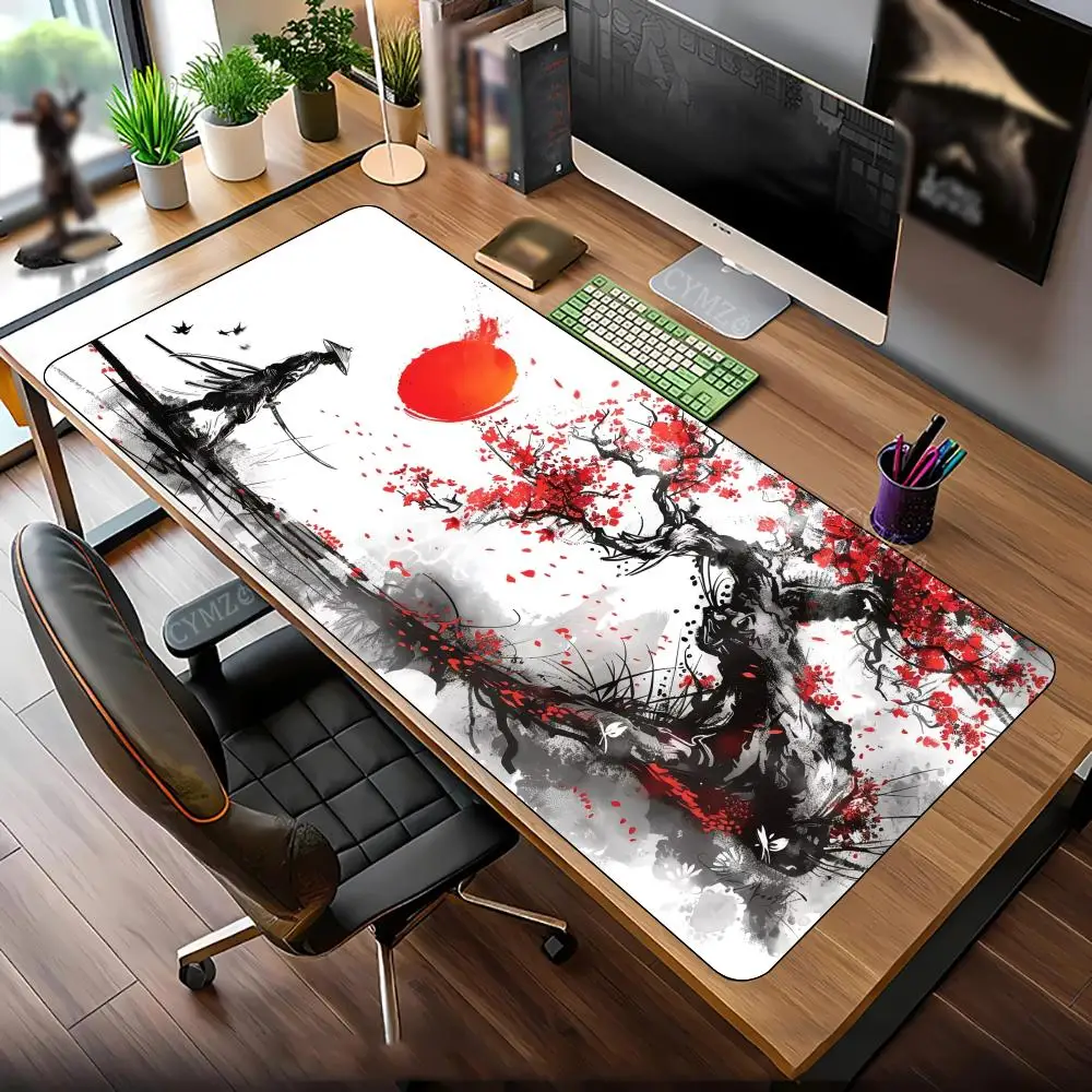 

Черный и красный коврик для мыши с рисунком вишни и самурая, настольный коврик, игровой коврик, нескользящий коврик с прошитым краем, 30X80 см, коврик для клавиатуры и мыши