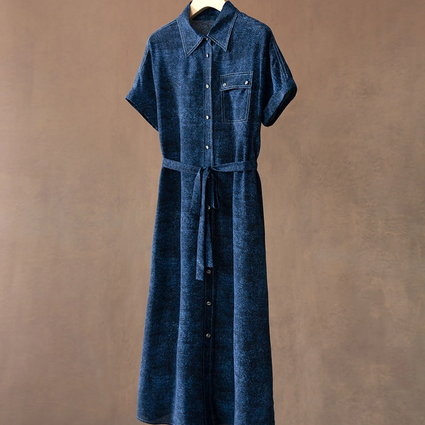 Women 100% Mulberry Silk Shirt Dress Denim Blue Short Sleeve Belted Waist Midi Dress Vintage Elegant Summer Casual Silk Dresses
