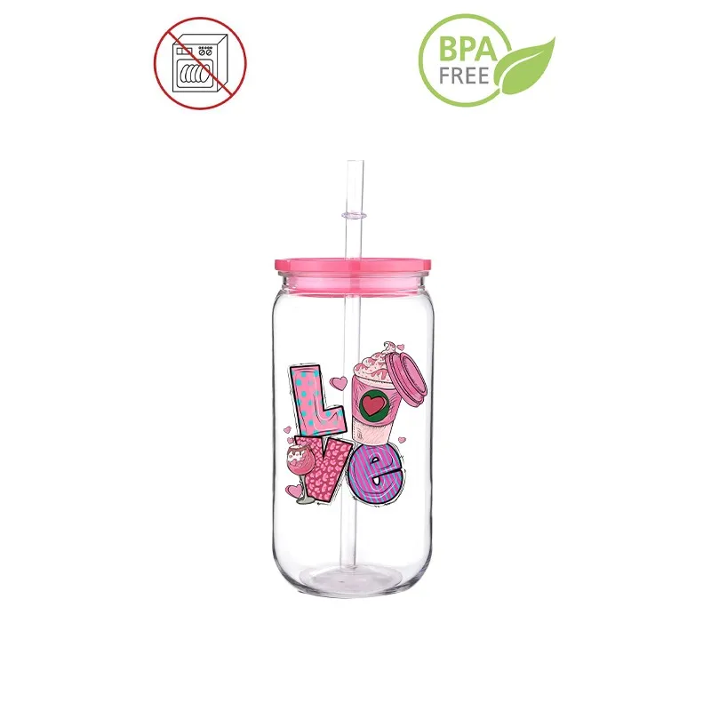 Love Drink Design Theme Printed Transfer BPA Free Plastic Straw Cup Comes With Sreaw And Cup Lid Can Coffee 16 OZ