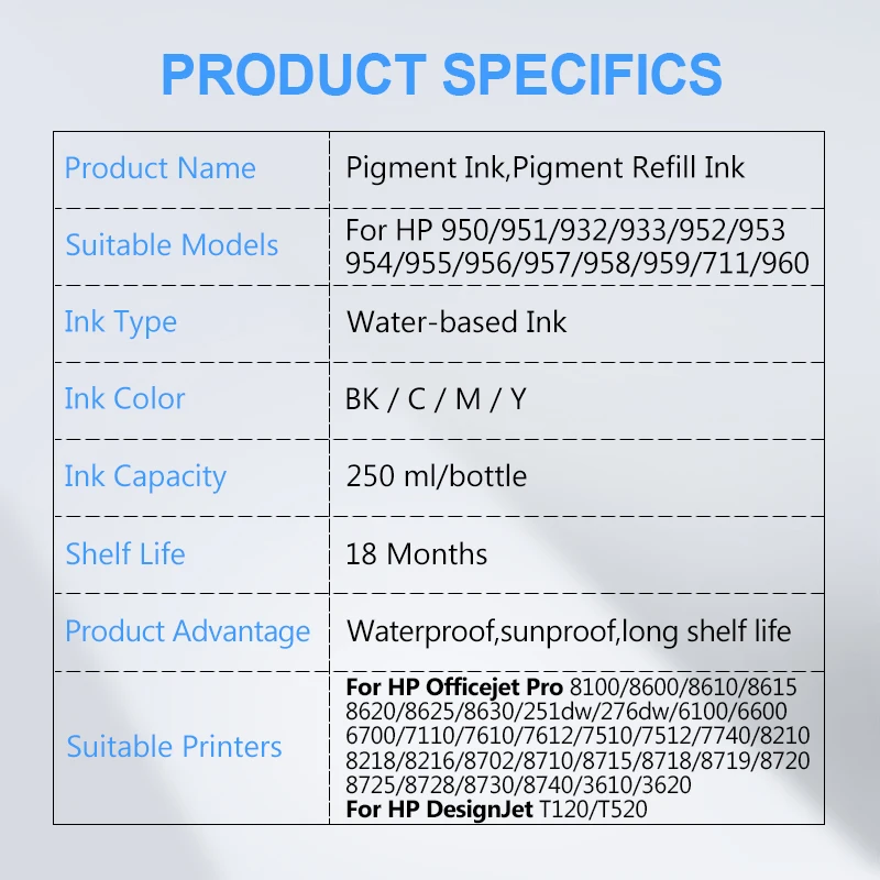 Tinta de pigmento de 250ML para HP 950, 951, 932, 933, 952, 953, 954, 955, 956, 957, 711, 960, 8100, 8600, 7610, T120, T520, 7510, 7740, 8210, 8710