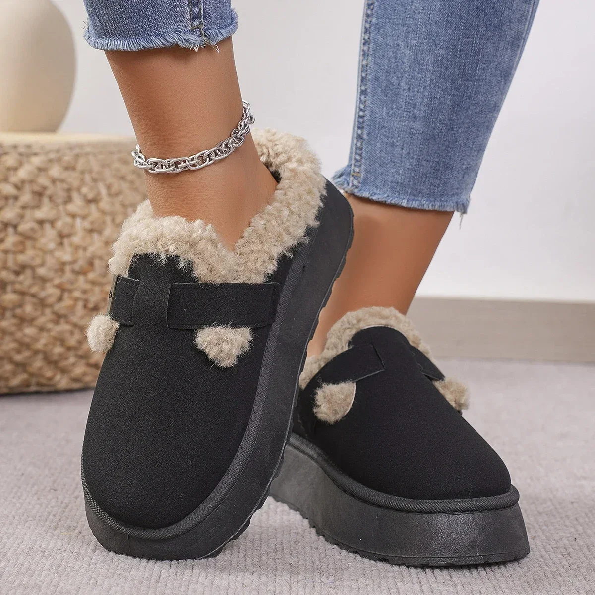 Chaussures Boken en peluche pour femmes, chaussures haricot rétro, coton, semelle plate, pantoufles, bottes à plateforme, luxe, mode, hiver, nouveau