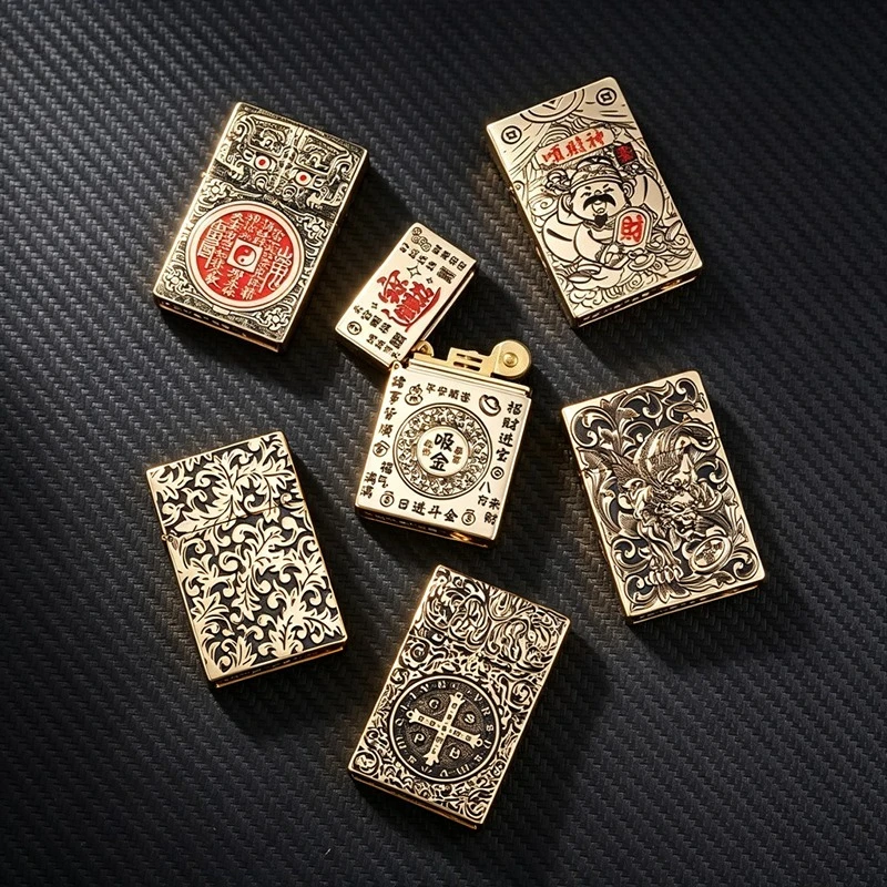 Vintage Engraved  Lighter Metal Oil Lighter Carved Windproof Grinding Wheel Retro Petrol Lighter Unique Collection Men Gift