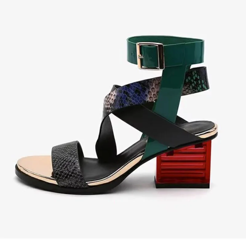 Phoentin Fashion Gladiator Sandals Women Cross Strap Transparent Square High Heel Genuine Leather Narrow Band Shoes new FT1944