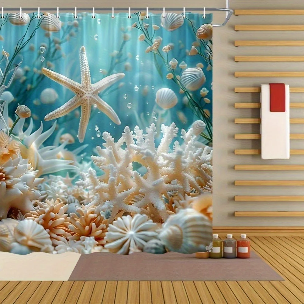 1pc Starfish & Coral Reef Print Shower Curtain - Vibrant Underwater World Design, All-Season Use, Ocean Theme Decor