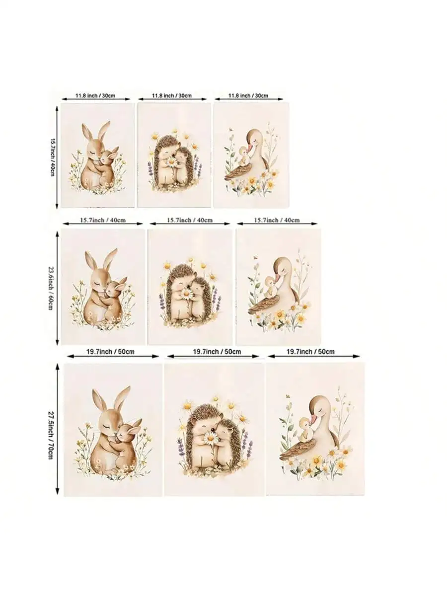 set of 3 forest animal posters hedgehog mother rabbit mother and their Baby canvas painting,Woodland Nursery Prints