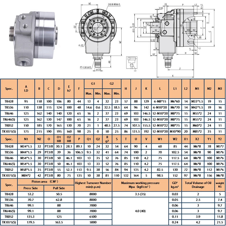 4 Inch Hollow Hydraulic Cylinder 3-jaw Hydraulic Chuck Rotary Cylinder Oil Pump TK428 Through Hole 28mm Thread M34*1.5