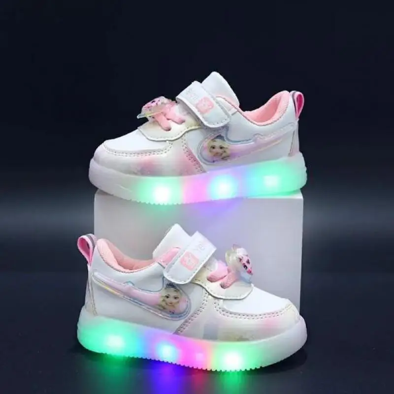 Boutique Fashion Girl\'s Casual Sneaker Elsa Princess Cute Children\'s Led Lighted Shoes Spring And Autumn Baby Girl Board Shoes