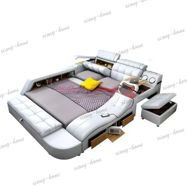 PG  Multifunctional Tech Smart Genuine Leather Bed with Massage Recliner, Bluetooth Speakers, USB, Bookshelves & Storage Drawers