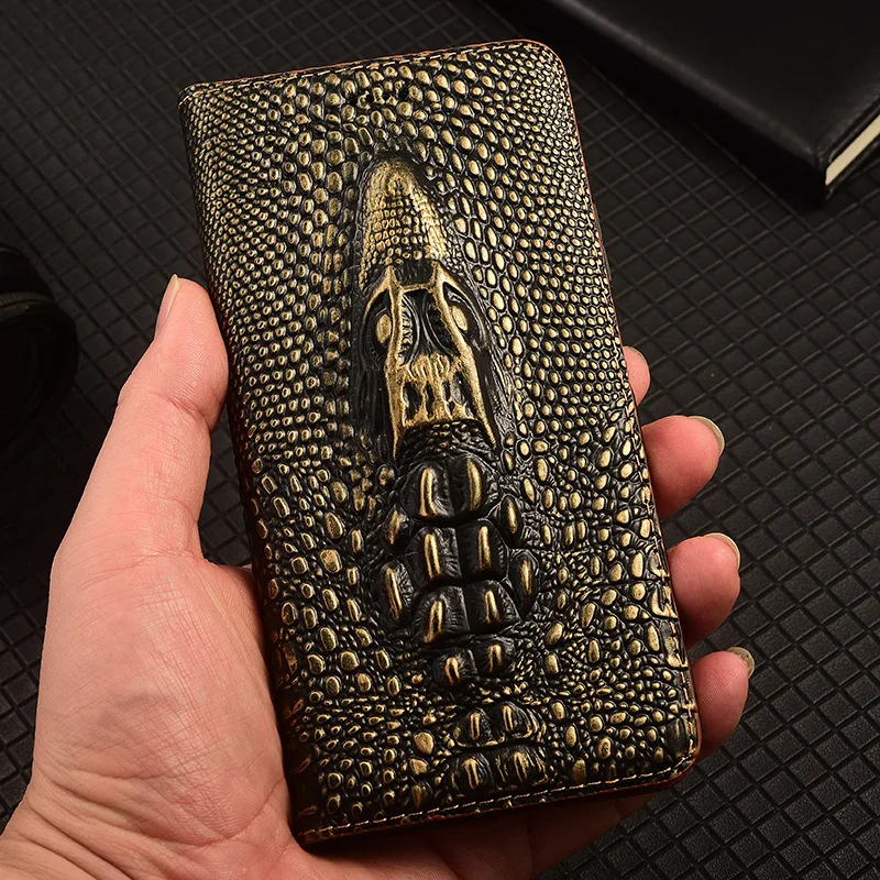 

Retro Crocodile Head Genuine Leather Phone Case For iPhone 17 11 12 13 14 15 16 Pro Max Plus 16e Wallet Flip Cover