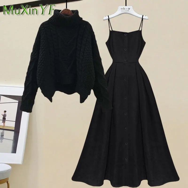 Women's Autumn Winter New In Matching Set Korean Elegant Vintage High Neck Knitted Sweater A-line Strap Dress Two Piece Suit