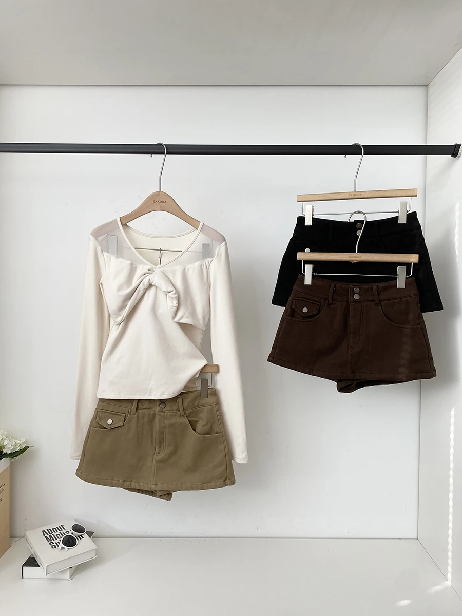 

Новинка 2025: Корейские повседневные джинсовые шорты-юбка с флисовой подкладкой для женщин, облегающие, модные, для работы и отдыха