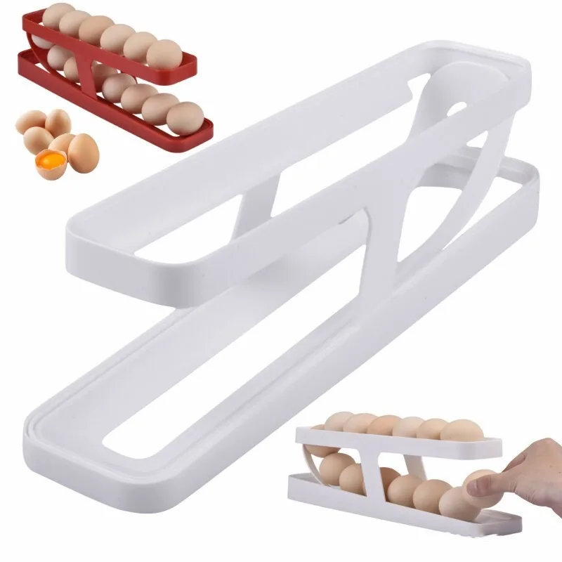 

2-Tier Egg Holder Rolldown Refrigerator Auto Rolling Egg Dispenser Storage Rack