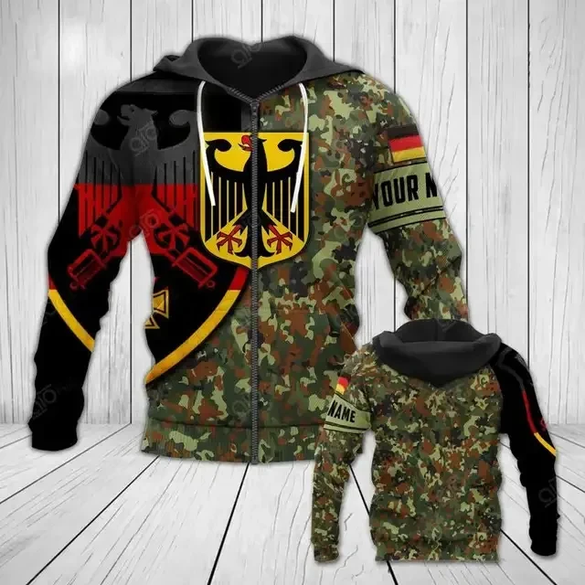 Sudadera con capucha con estampado 3D de camuflaje alemán para hombre, jersey con cremallera de moda urbana, suéter con bandera alemana, Sudadera