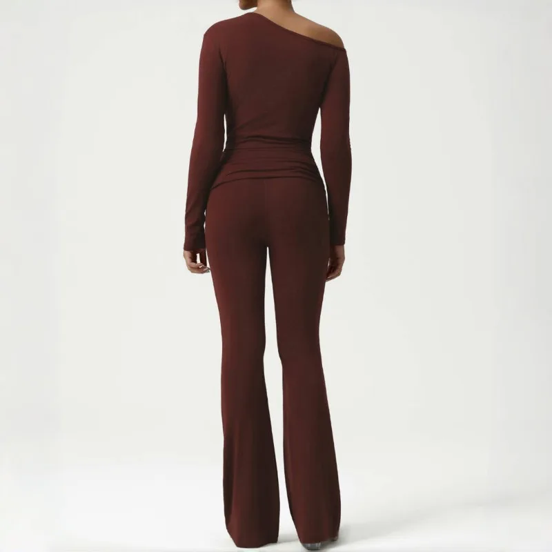 

Women's Yoga Suit with Sloping Shoulders Loose Long Sleeved Top High Waist Hip Lifting Slightly Flared Pants Fitness Suit