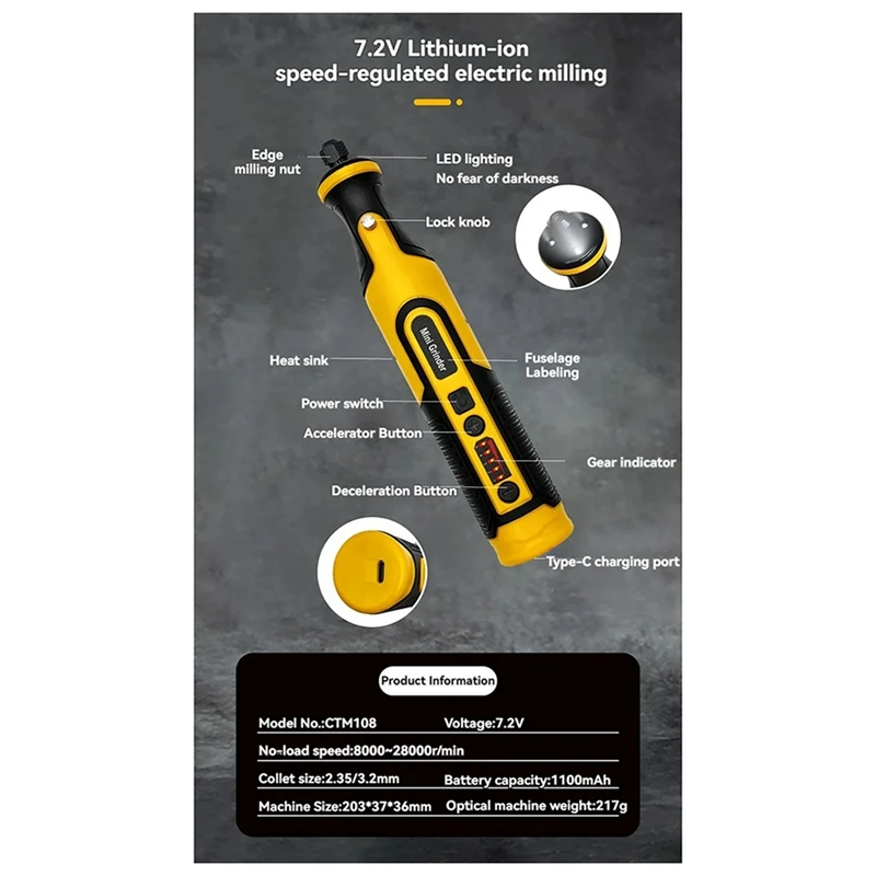 ABCA-7.2V Cordless Drill Grinder, Micro-Type Rotary Tool Engraving Machine, Electric Grinder, Engraving Machine Set