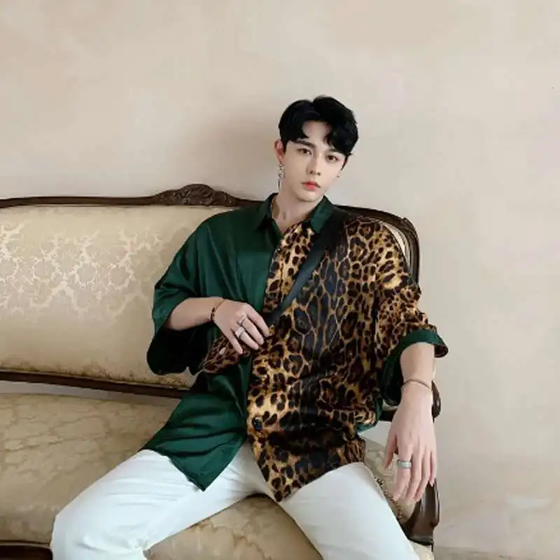 Patchwork Men Shirts With Leopard Summer Nightclub 2025 Oversize Vintage DJ Singer Punk Silk Shirt Stage Costume
