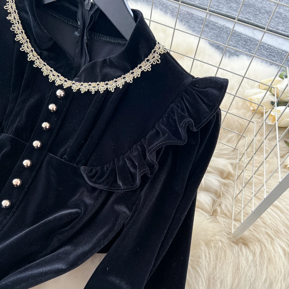 Vintage Elegant Long Sleeve Chic velour Slim Dresses Korean Office High Street Autumn Clothing