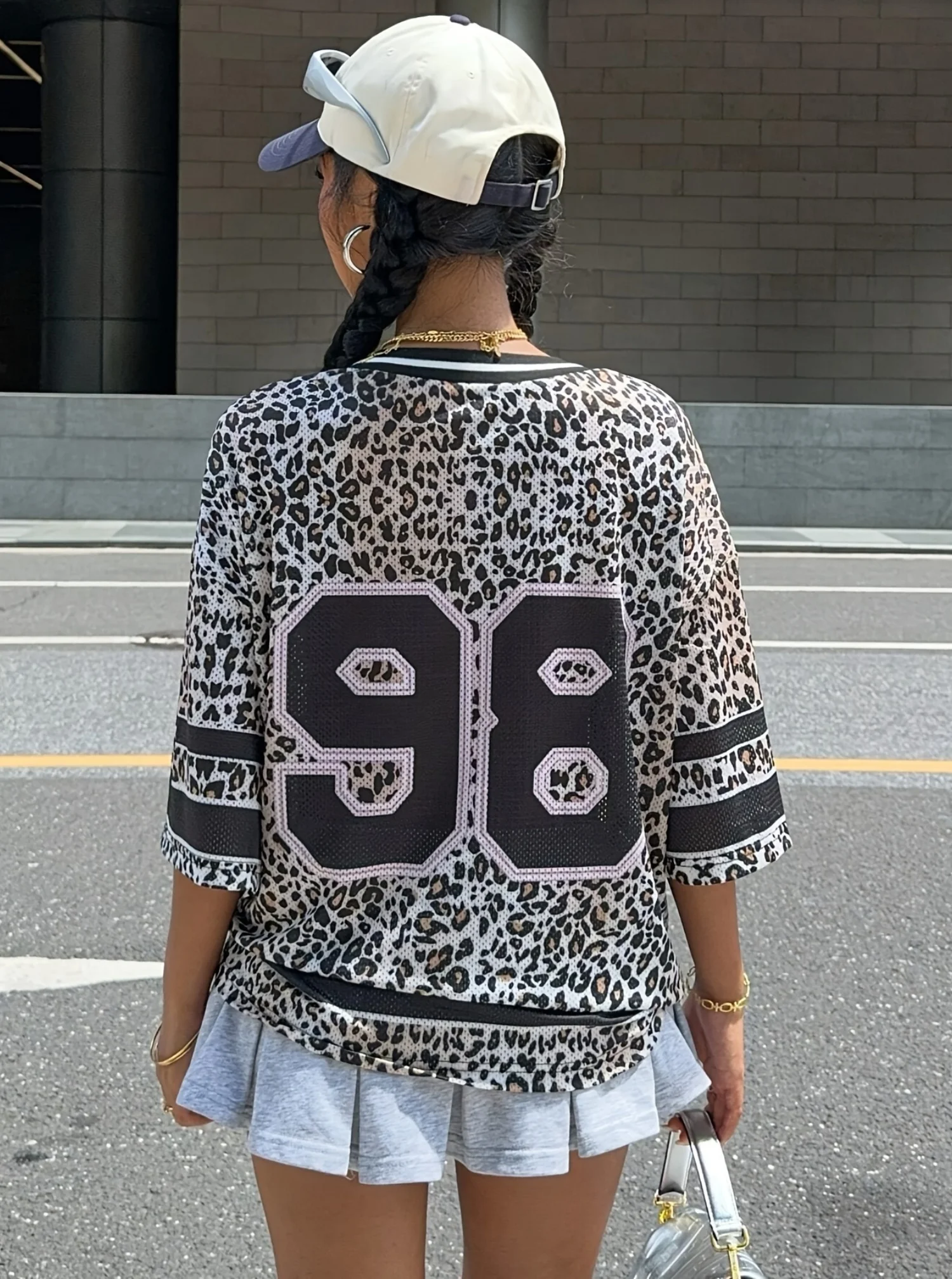 NOWE damskie różowe lampart NEW YORK 79 drukuj dekolt w serek koszulka z krótkim rękawem letnia koszulka koszulki baseballowe w paski ponadgabarytowa koszulka sportowa