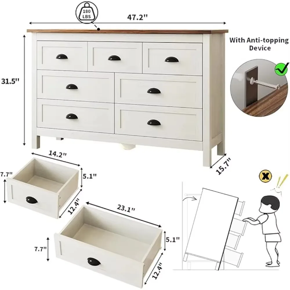 Farmhouse White Dresser for Bedroom, Modern 6 Drawer Double Dresser for Bedroom with Vintage Black Handle, Wide Wood Dressers &