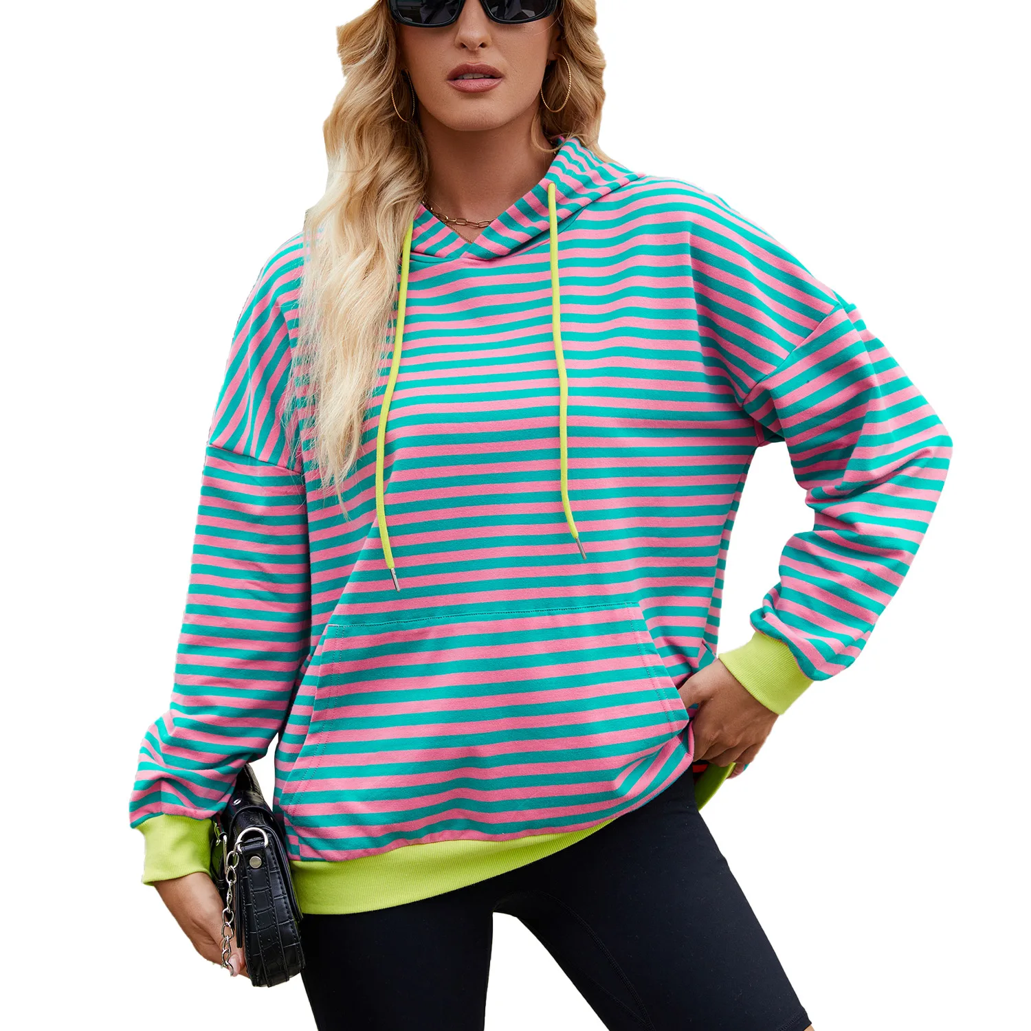 2025 Streep Contrast Kleur Casual Capuchon Losse ket Hoodie Dames Lange Sve Cleanfit Polyester T-shirt oulder Pad