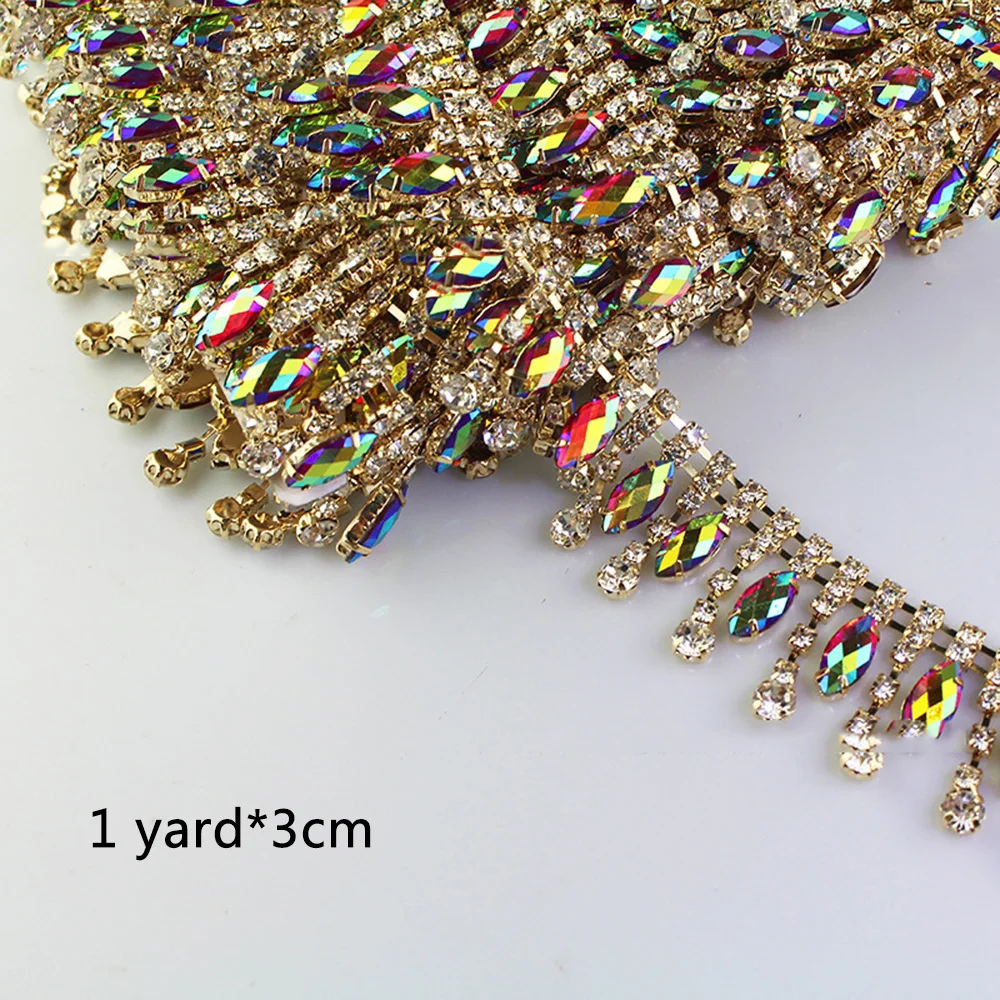 0.5/1yard Rhinestone Tassel Lace, European and n style horse eye code chain lace Welding Rhinestone Claw chain edge Hand DIY