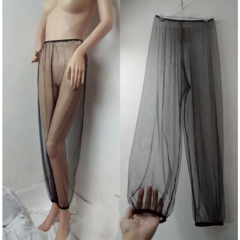 Men Sheer Mesh Pants Loose Fit Anti Mosquito Beach Trousers Adjustable Cuff Fishing Outdoor See Through Sleepwear Comfortable