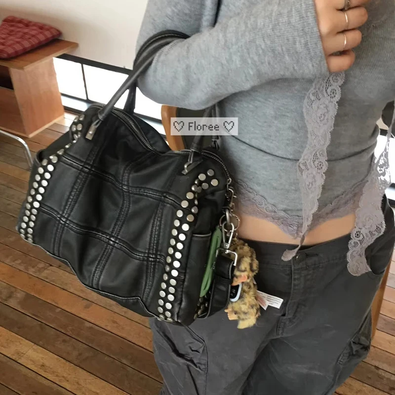 Y2k Studded Check Handbag,Retro Large Capacity Women's Boston Handbag,fashion Casual Street Style Motorbike Crossbody Bag Purse