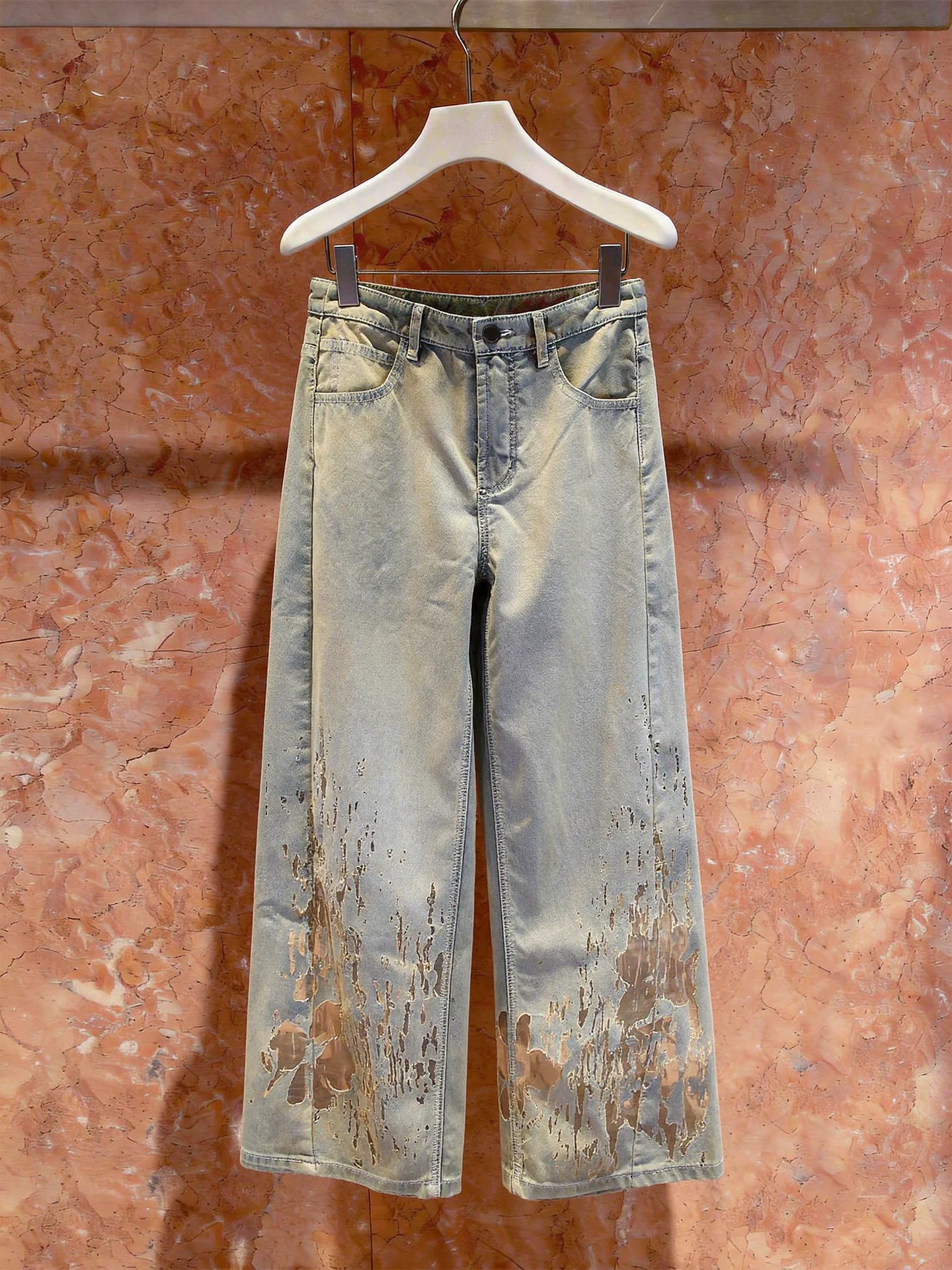 

High Waist Hollow out Washed out Denim Wide Leg Pants for Women Casual Style Texture Pattern Spring Summer Season Blue Color