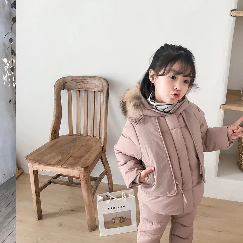 Children's Feather Velvet Winter Silk Suit Set Large Fur Collar Two-piece Set Thickened Baby Girl Jumpsuit
