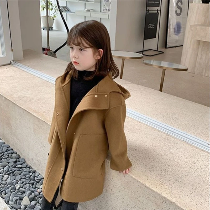 

Осень-зима 2025, новое шерстяное пальто с капюшоном в корейском стиле для девочек, теплое детское пальто средней длины