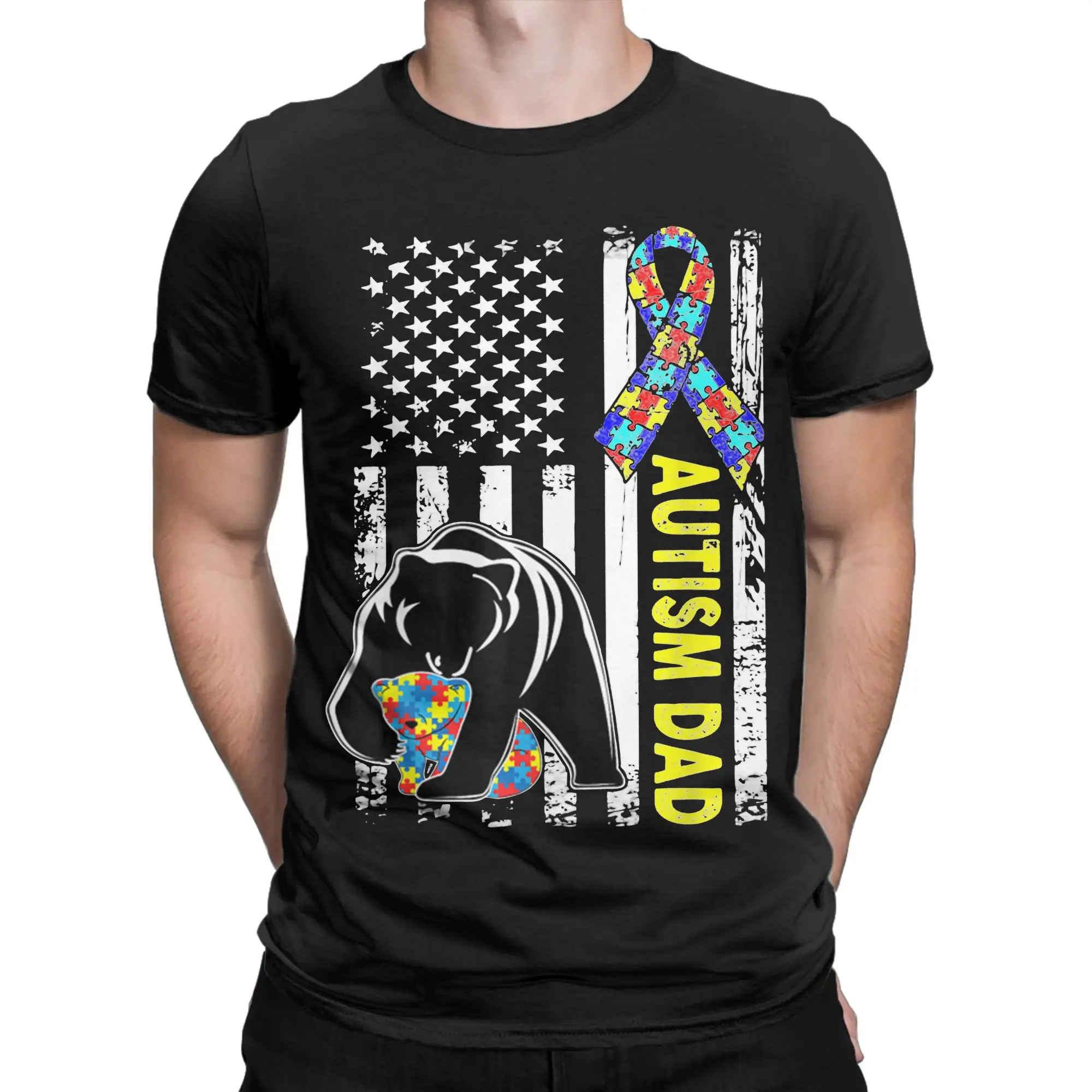 Dad Autism Awareness American Flag Daddy Gift T-Shirt Men 100%Cotton Tops Funny Autismo Autistic Round Neck Short Sleeve