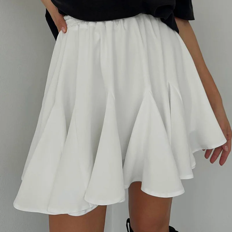 Women's Summer White Mini Skirt High Waist A-Line Vintage Ruffle Tennis Style Black Elastic Waist Cute Ruffle Short Skirts