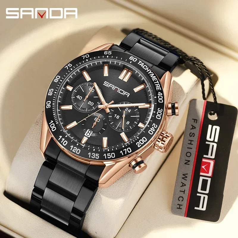 SANDA 5501 Men's Round Quartz Watch Luxury Fashion Business Waterproof Date with Stainless Steel Strap Men’s Wristwatches