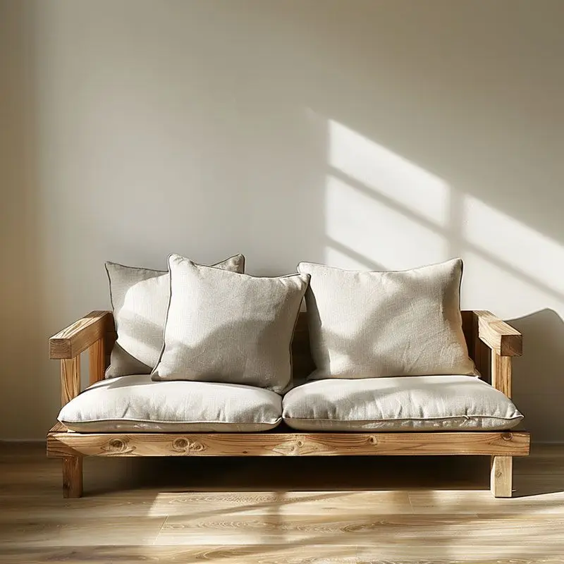 

Wabi-sabi log wind solid wood sofa Japanese-style villa flat-floor bed and breakfast living room fabric modern minimalist wide