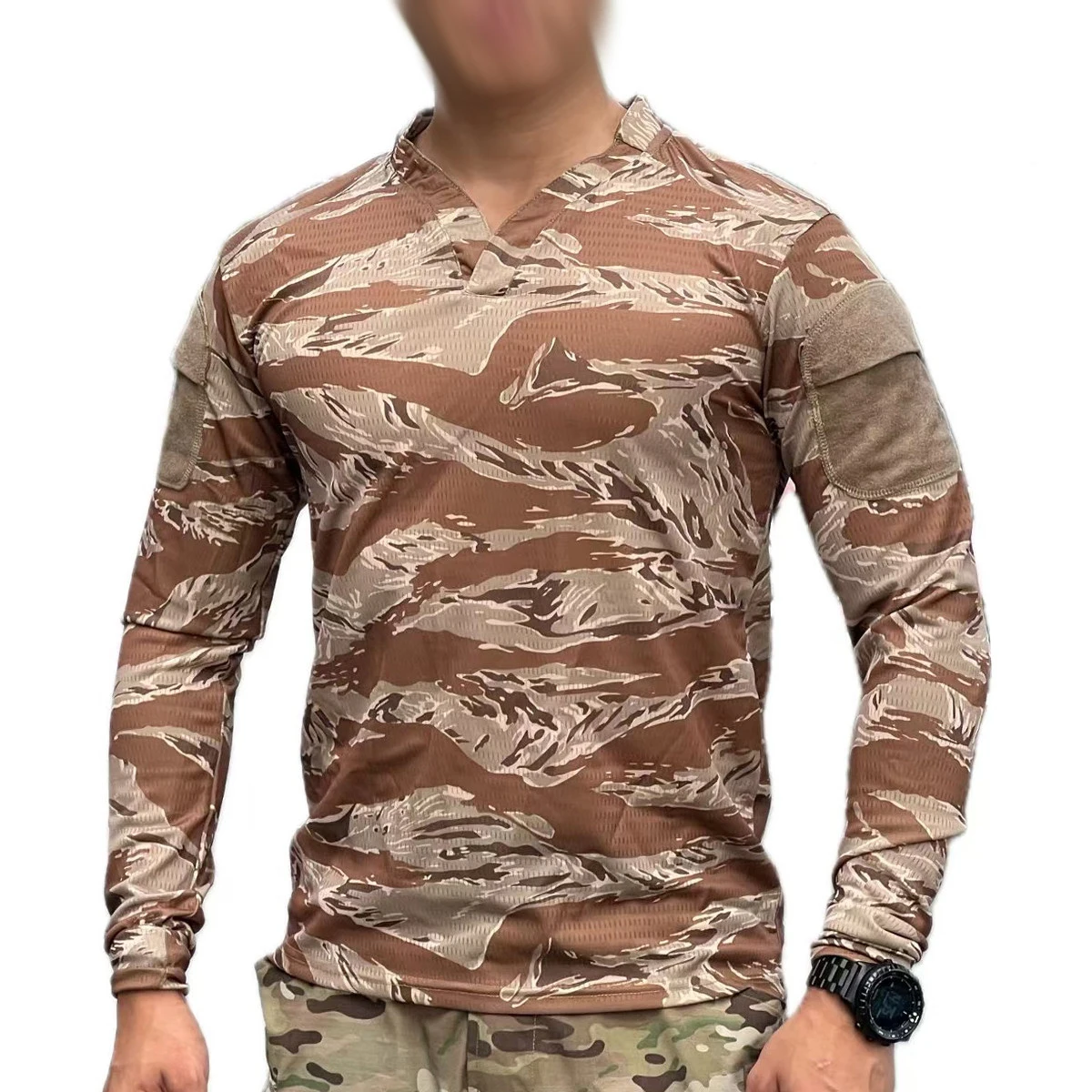 Outdoor tactical ice V-neck top desert tabby camouflage long-sleeved T-shirt quick-drying and breathable