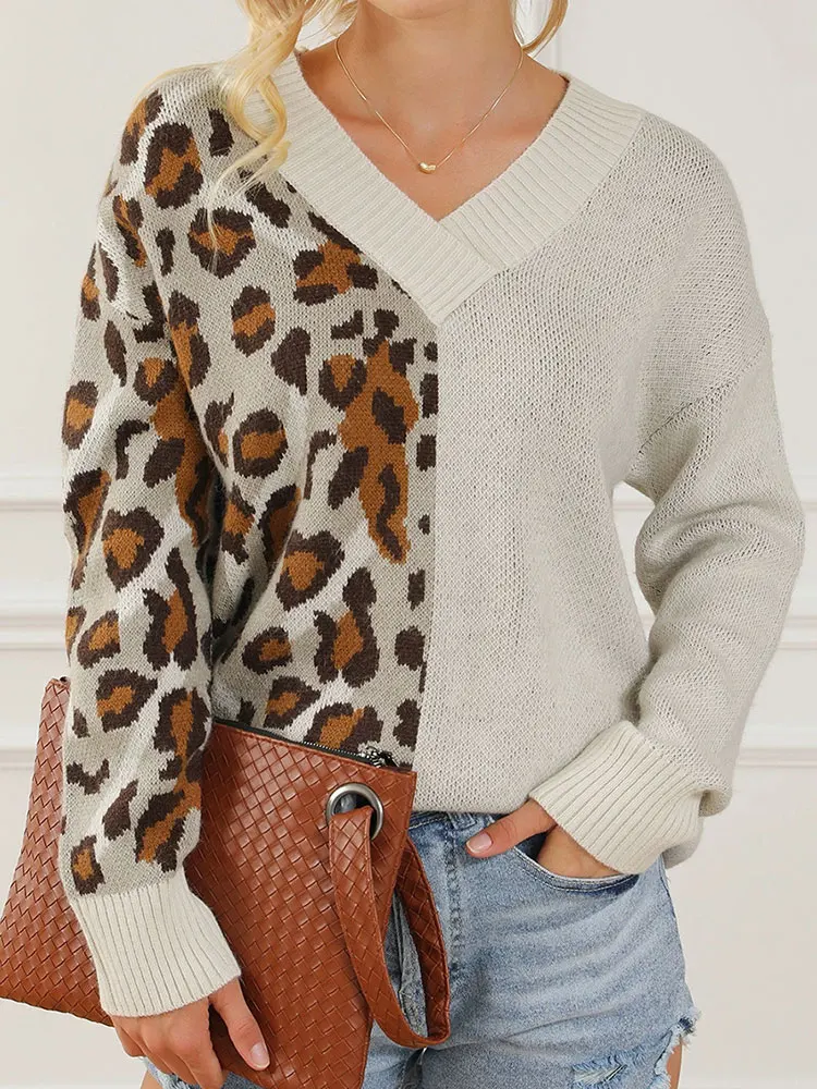 

Women's Patchwork Leopard Print V-Neck Sweater Long Sleeve Casual Comfortable Autumn Winter Fashion Top