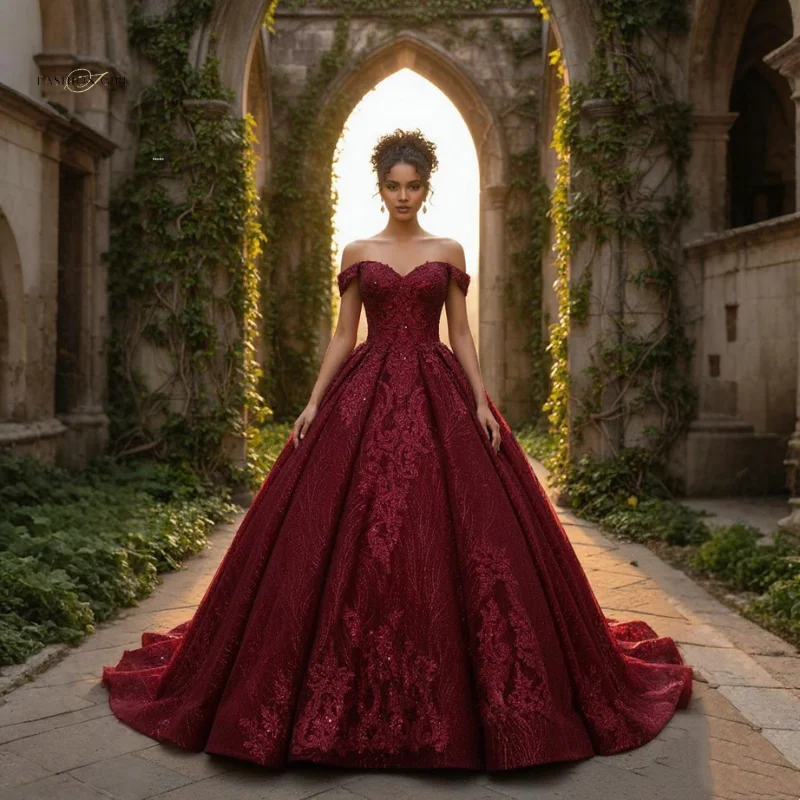 

Customized Elegant Burgundy Off Shoulder Ball Gown Dress Women Lace Appliques Evening Wedding Party Formal Dress