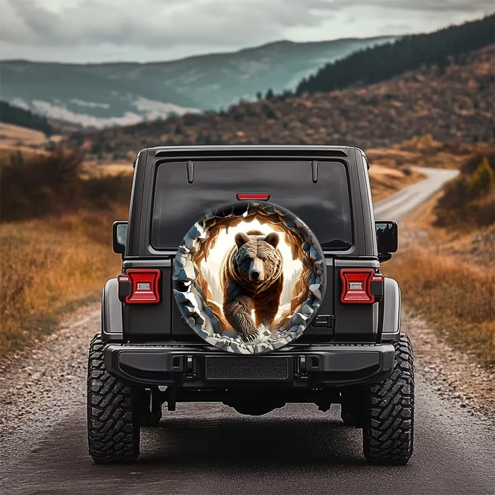 Domineering Brown Bear Wall-Breaking Print Spare Tire Cover Universal Wheel Protector for Outdoor Adventures