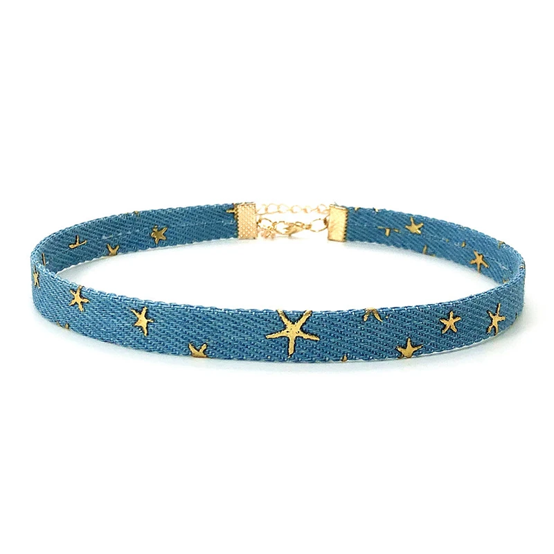 Trendy Blue Denim Gothic Goth Punk Star Choker Necklace Personality Vintage Clavicle Chain For Women Fashion Jewelry Accessories