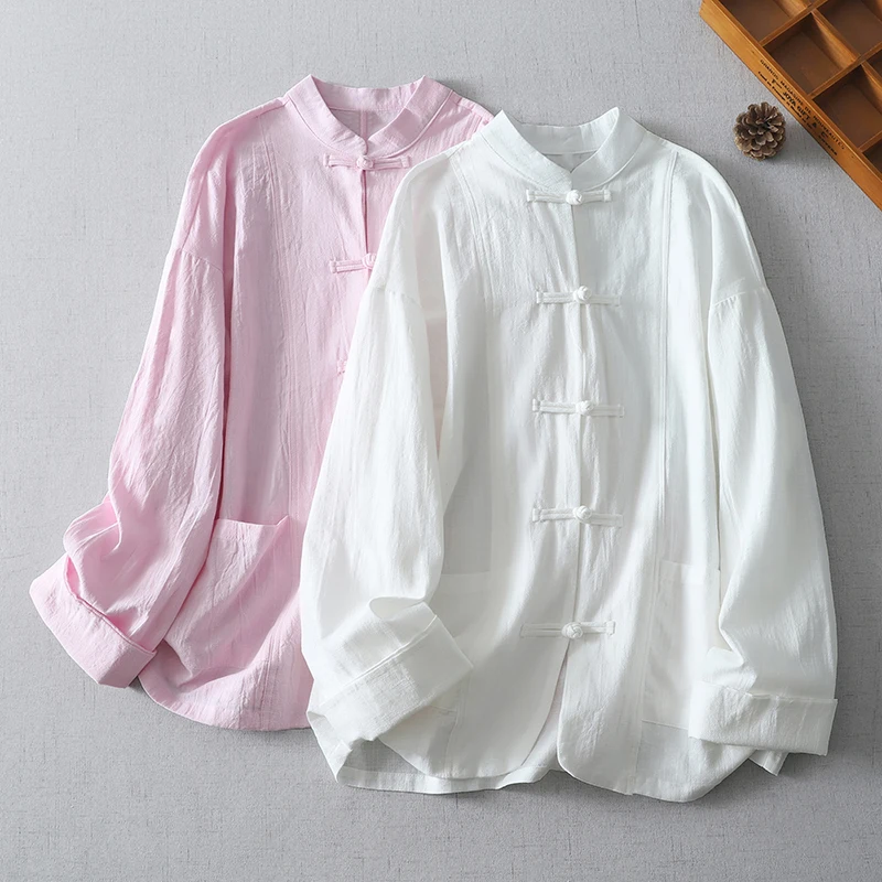 

Cotton Linen Blend Chinese Long Sleeve Shirt Women's Spring and Summer New Artistic Chic Elegant Chinese Style Casual Top