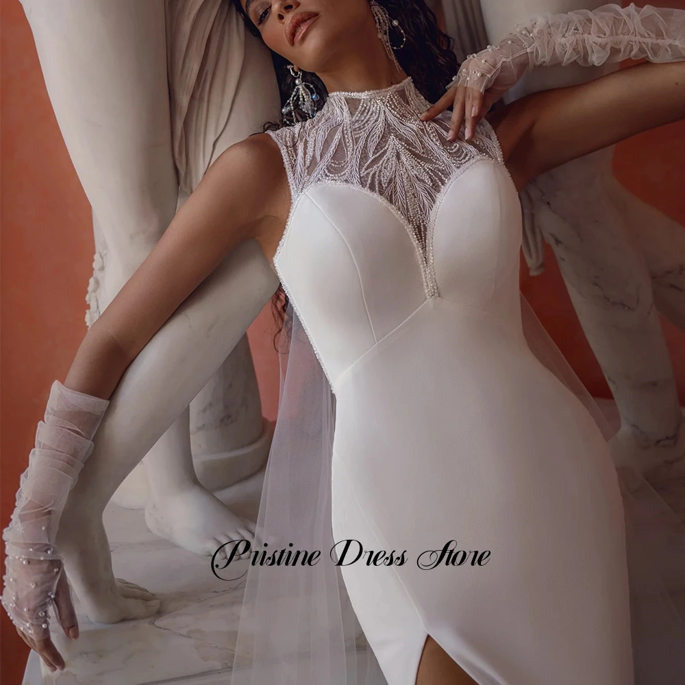 Romantic Watteau Train Jersey Wedding Dress for Brides High Neckline Sleeveless Side Slit Sheath Saudi Bridal Gowns with Beading