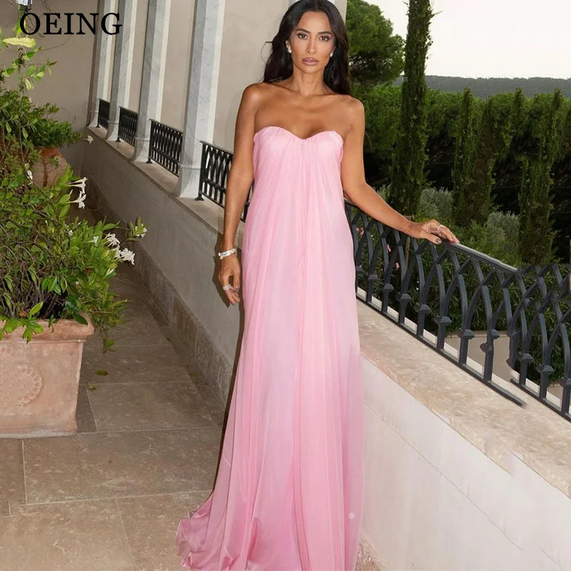 

OEING Simple Straight Pink Prom Dresses Strapless Sleeveless Draped Floor-Length Party Gowns فساتين سهرة Customized