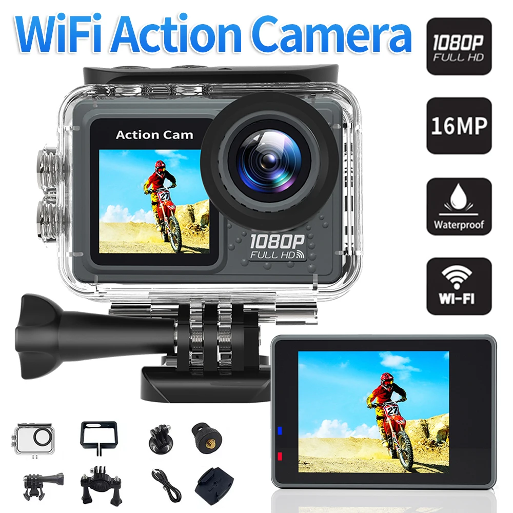 New Action Camera Recording Camera Dual Screen WiFi Diving Car Camera Recorder 1080P 30FPS  2.0+1.4-inch Screen 30m Waterproof