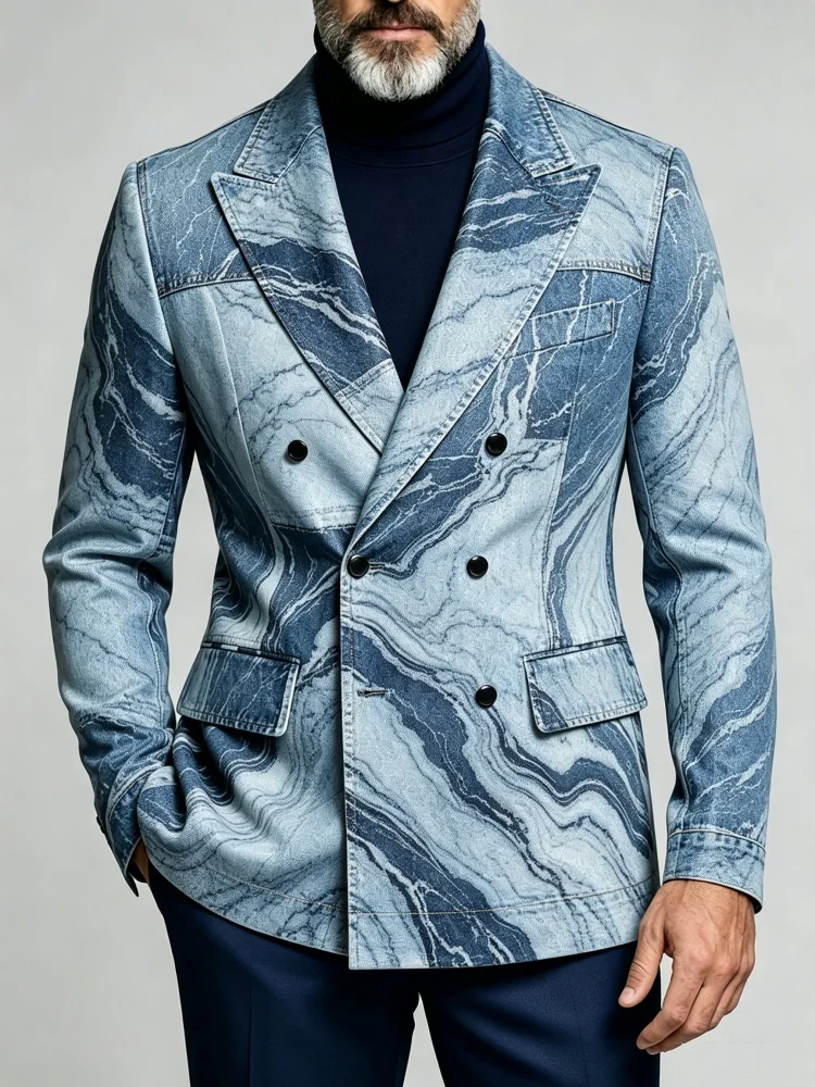Mens Faux Denim Blazer Double Breasted Marble Print Light Blue Slim Fit Artistic Casual Suit Jacket