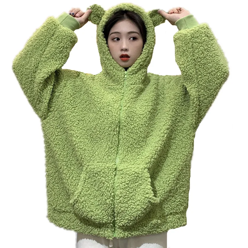 Autumn Winter Women Green Beige Zip-up Sweatshirt Kawaii Fleece Faux Fur Long Sleeve Hooded Teddy Bear Ears Soft Hoodies White