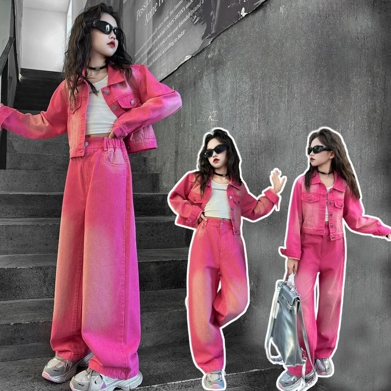 

Girls Denim Suit Spring New Kids Casual Denim Jacket Coat Wide Leg Pants Children Fashion Long Sleeve Clothes Set Girls Oufits