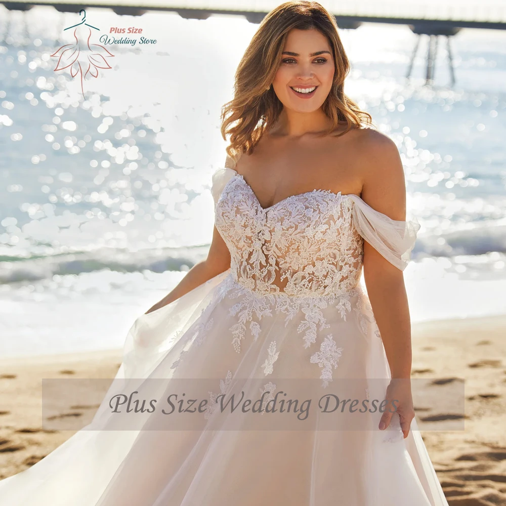 Beach Off Shoulder Wedding Dresses Plus Size Sweetheart Neck Sleeveless Bride Gowns Appliques Sweep Train Tulle Vestido De Noiva