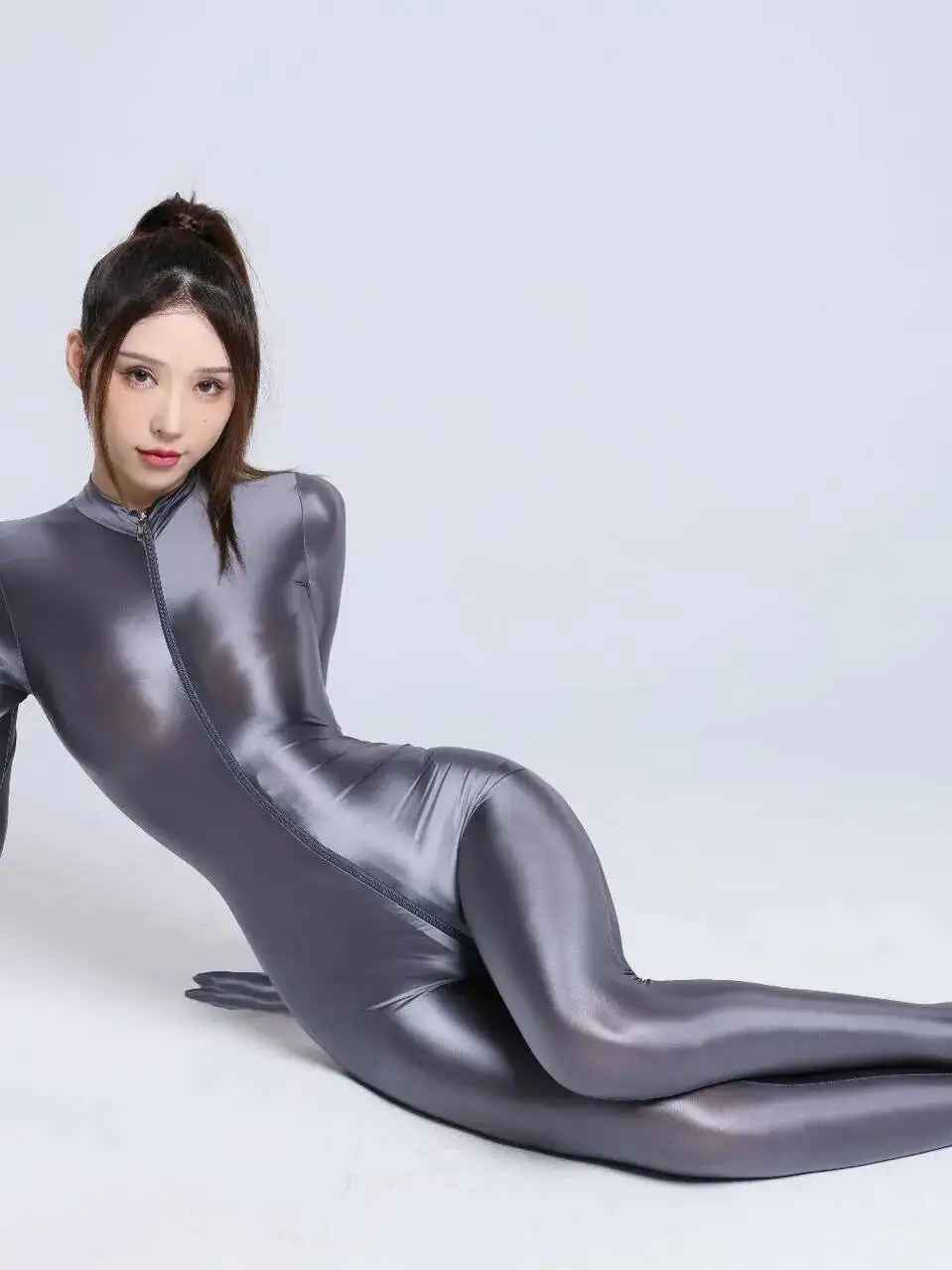 Glossy Smooth Silky Double-Ended Zipper Crotchless Footed Hand-Muffling Long Solid Color Long Sleeved Bodysuits Home Wear CBMU